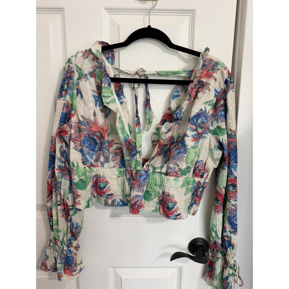 Anthropologie Floral Plunging V Long Sleeve Crop Top Size M Large Tie Back